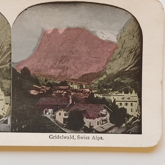 ANTIQUE Stereograph Card Grindelwald Swiss Alps Full Colour Card - Picture 2 of 3